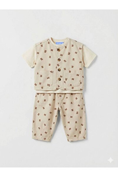 Butik Teddy Bear Printed Unisex Vest T-Shirt Pants Set - 3-Piece