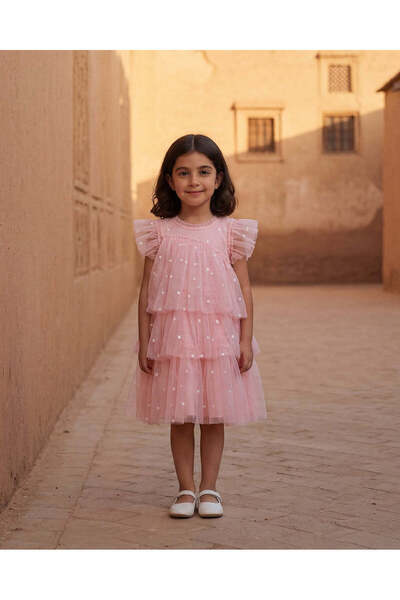 REDTAG Girls Pink Embroidered Mesh Tiered Dress