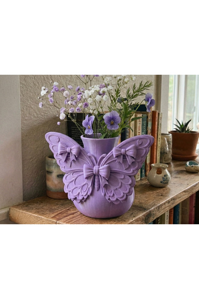 Lotus Kelebek Tasarımlı Dekoratif Saksı / Fiyonk Detaylı Çiçeklik