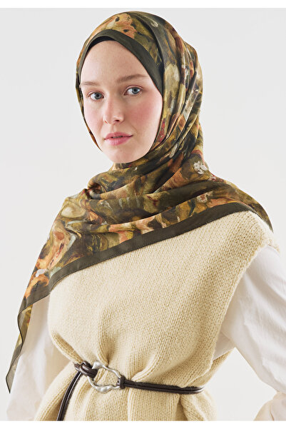 Fresh Sweet Vanilla Patterned Cotton Viscose Shawl Khaki