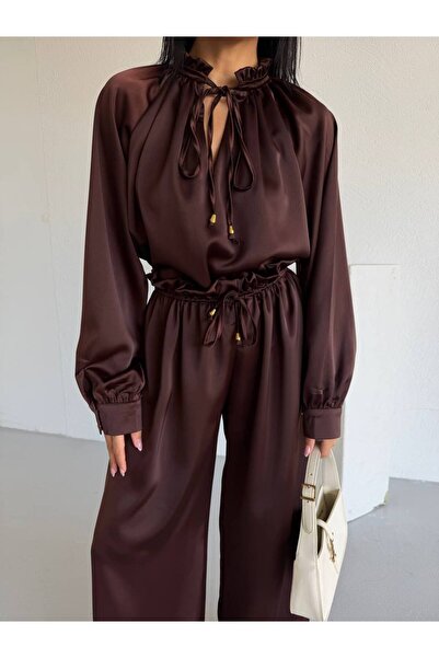 GAMZE ALPTEKİN Zr Premium Satin Silk Fabric Double Set Lace-Up Blouse Wide Le...