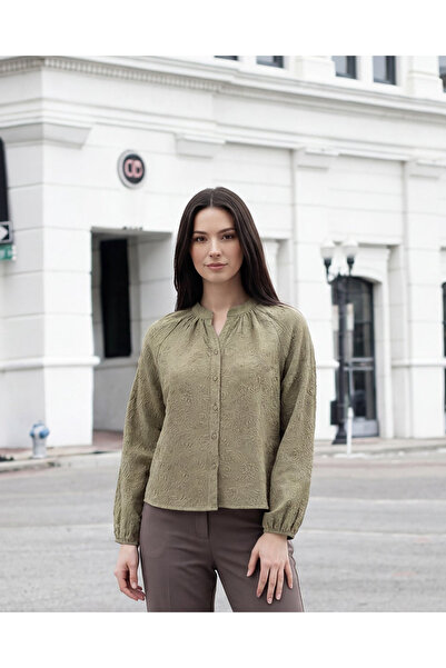 REDTAG Women Green Button Front Textured Top