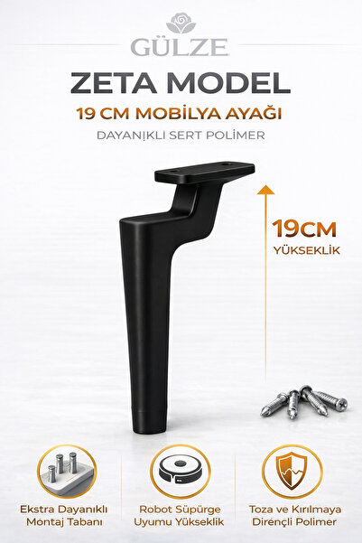 GÜLZE (19 cm) SİYAH Renk ZETA Model Mobilya Ayağı (Mobilya Ayağı, Dolap, Kolt...