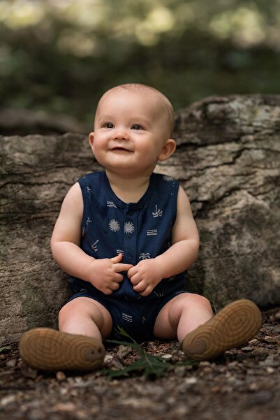 Antebies Organik Gots Sertifikalı Lacivert Gün Batımı Desenli Çıtçıtlı Kısa K...