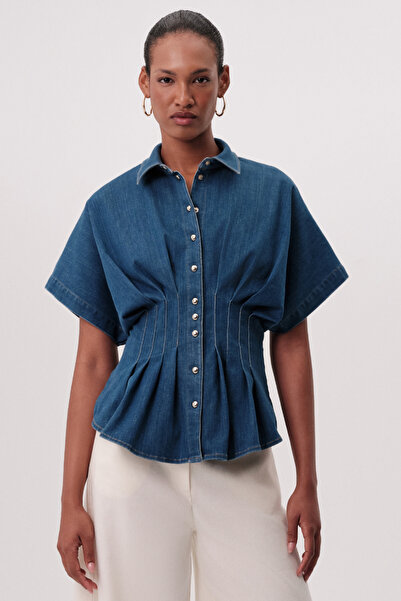Exquise Shirt Collar Short Sleeve Pleated Regular Denim Shirt