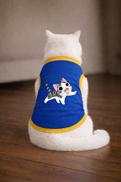 petite pati تيشيرت للقطط مطبوع عليه Blue Happy Cat مقاس XS (100% قطن ممشط)