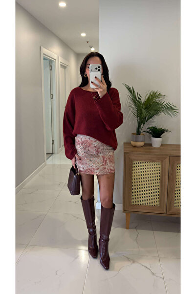 BİRCANÇİL Fusta Golwe roșie cu model crem