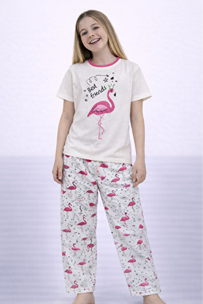 Victor and Jane طقم بيجاما للبنات - تي شيرت برسومات فلامنجو وبنطال مطبوع