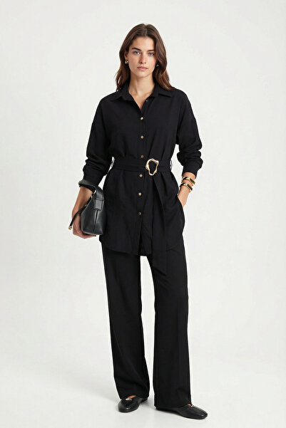 Ritnice Women's Carmen Gloss Waist Belted Gold Buckle Black Woven Top and Bot...