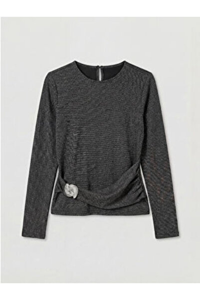 LC Waikiki Anthracite Crew Neck Blouse with Gathered Buckle Detail