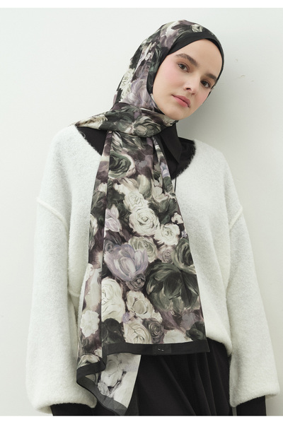 Fresh Rose Breeze Patterned Cotton Viscose Shawl Deep Green