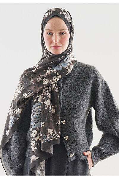 Fresh Midnight Rose Patterned Cotton Viscose Shawl Brown