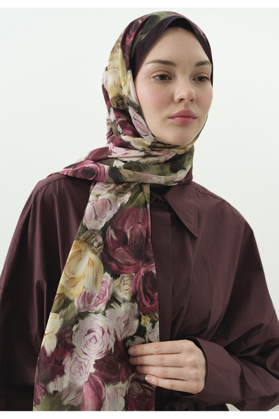 Fresh Rose Breeze Patterned Cotton Viscose Shawl Mulberry