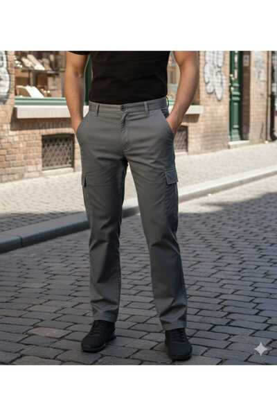 LEFNY COLLECTİON Men's Wide Leg Cargo Pocket Lycra Gray Baggy Trousers