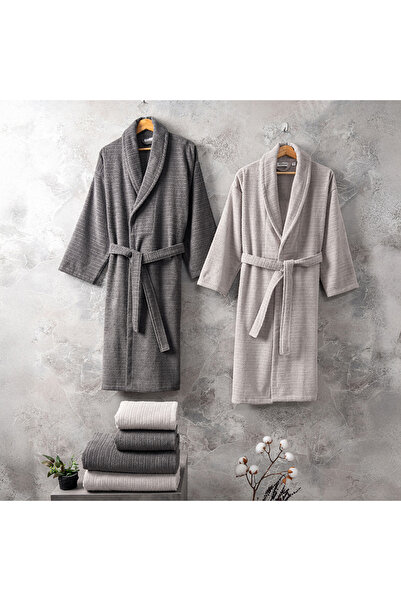 Altınbaşak Grace 100% Cotton Family Bathrobe Set Anthracite/Light Gray (6 Pie...
