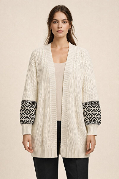 FERHEL Knitwear Cardigan with Patterned Sleeves - Cream