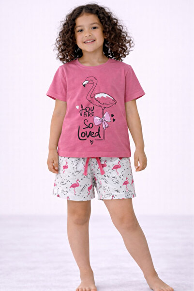 Victor and Jane طقم بيجاما للبنات - تيشيرت فلامنجو "أنتِ محبوبة" وشورت مطبوع