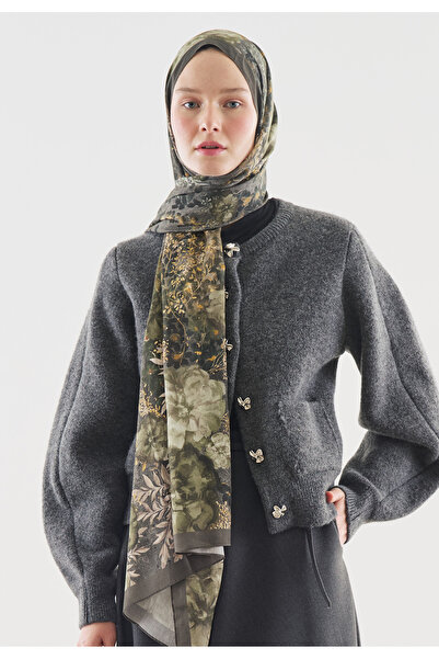 Fresh Soft Hibiscus Patterned Cotton Viscose Shawl Smoked