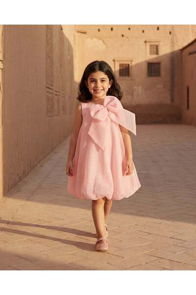 REDTAG فستان بالون وردي فاتح للبنات مزين بفيونكة ترتر