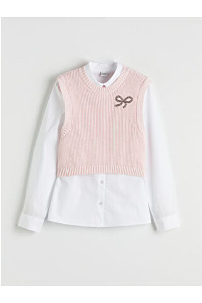 LC Waikiki Λευκό πλεκτό πουλόβερ και πουκάμισο για κορίτσια