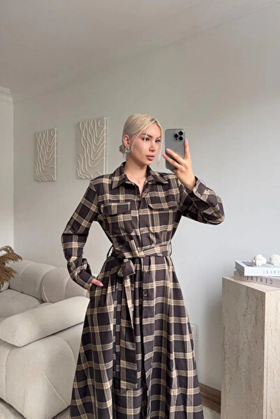 MOZENA Plaid Patterned Belted Long Shirt Dress