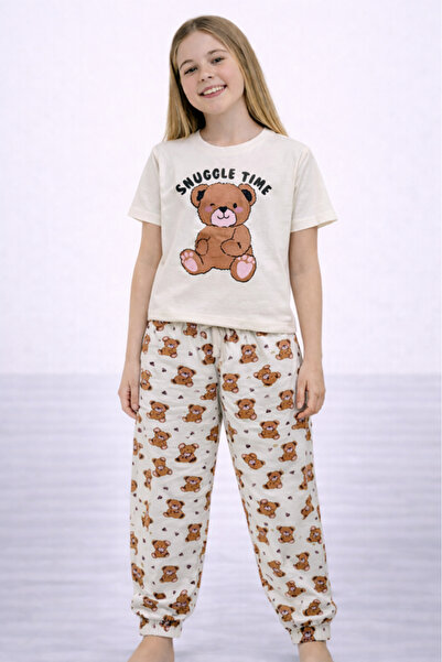 Victor and Jane طقم بيجاما للبنات – تيشيرت تيدي "وقت الدفء" بنطال جوغر مطبوع