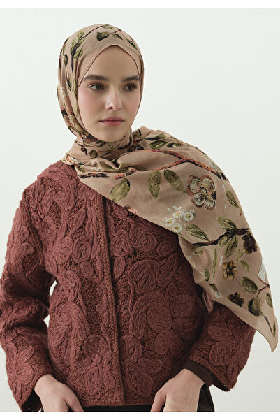 Fresh Flower Rain Patterned Cotton Viscose Shawl Salmon