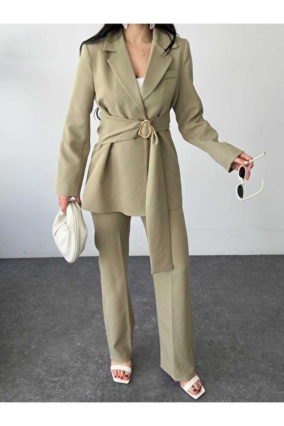 MYGİYİMİSTANBUL Blazer Jacket Wide Leg Pants Set with a Wide Fabric Belt Tied...
