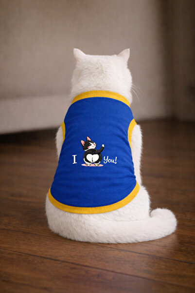 petite pati تيشيرت Blue Love u Black مطبوع عليه صورة قطة مقاس XS (100% قطن ممشط)