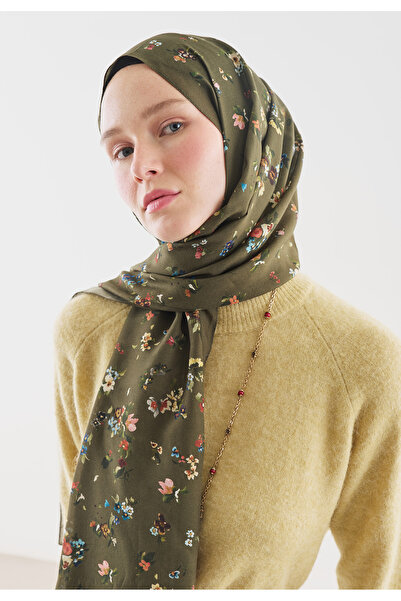 Fresh Tiny Blooms Patterned Cotton Viscose Shawl Khaki
