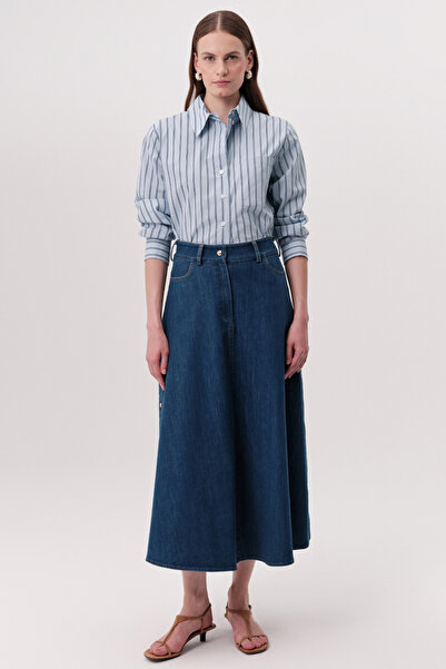 Exquise High Waist Snap Detailed Regular Denim Skirt with Pockets and Zipper