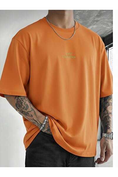 CAST COLLECTİON Men's Orange Cast Collection Gold Printed Oversize T-Shirt