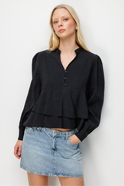 Mixray 4812 Women's Ruffled V-Neck Blouse Black