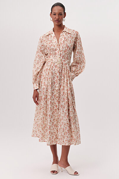 Exquise Shirt Collar Cuffed Waist Fitted Regular Midi Dress