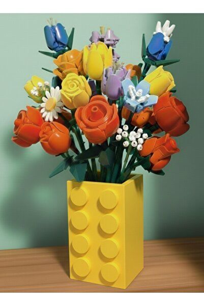 Mutlu Tasarım Lego Çiçekleri İle Uyumlu Vazo Hediyelik Vazo (Çiçekler Dahil D...