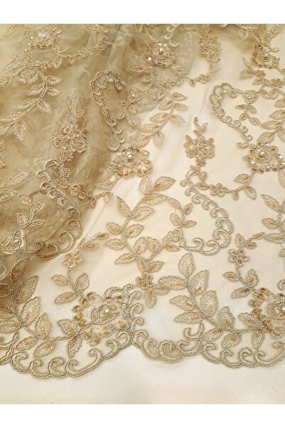 Safir Kumaş Abiyelik Top Sonu 3.60 Metre Kalmış Kordoneli ve İşlemeli Dantel