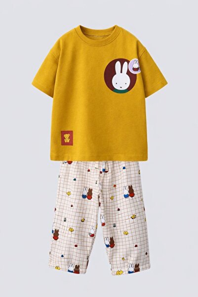 Monila Kız Çocuk Pamuklu Sarı Tavşan Baskılı T-Shirt ve Ekose Baskılı Eşofman...