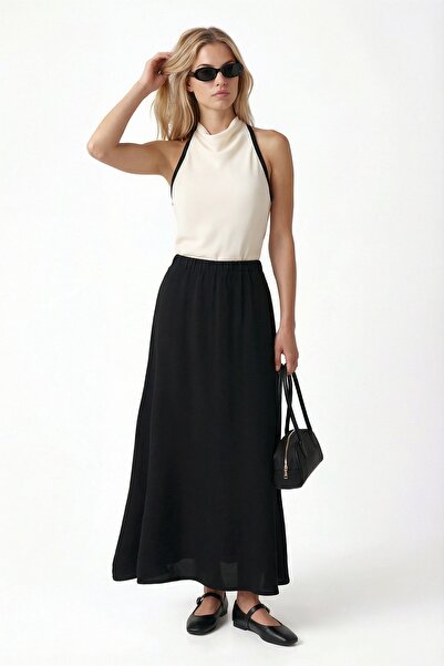 Ritnice Fusta lungă neagră țesută Becca Gloss pentru femei, cu buzunare și ta...