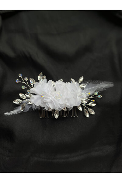 ERYA aksesuar Çiçek ve Tüy Detaylı Gelin Saç Tarağı Kristal Taşlı Nikah Düğün...