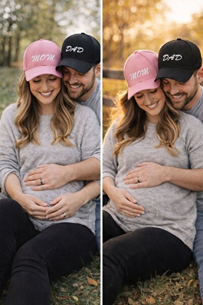 sf collection MOM & DAD Baskılı Siyah-Pembe 2’li Çift Kombin Şapka