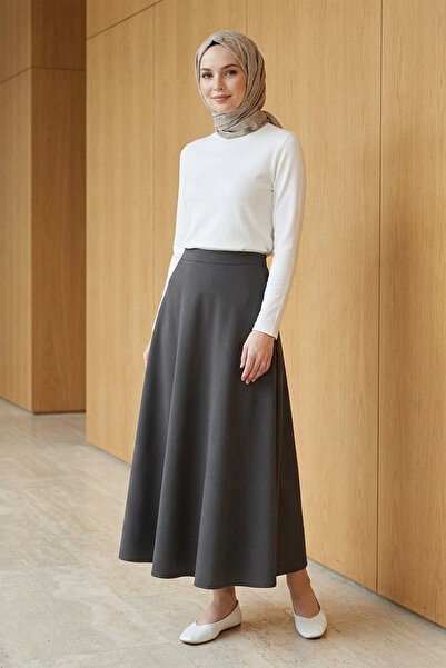 FERHEL Women's Flared Scuba Puff Fabric Relaxed Fit Skirt - Smoked