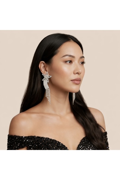 GlassySKY Shooting Star Model Evening Dress with Stones and Stylish Earrings