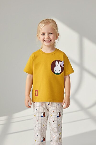 Monila Girl's Cotton Yellow Rabbit Print T-Shirt and Plaid Print Sweatpants Set
