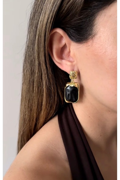 AychaAksesuar Gold Color Vip Brand Model Black Natural Stone Vintage Earrings
