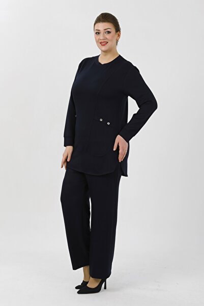 By Alba Collection Women's Dark Blue Crystal Fabric Plus Size Top and Bottom Set