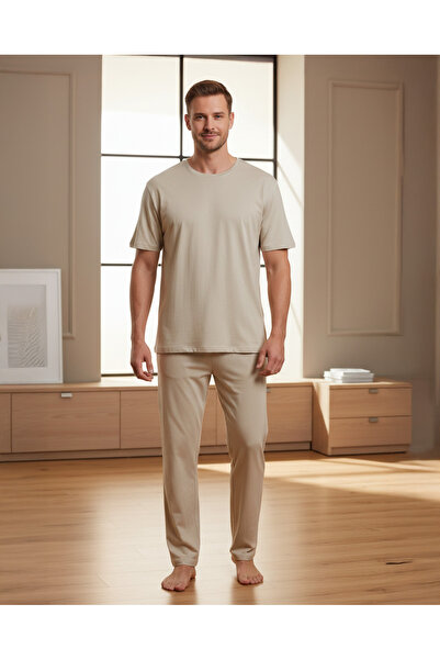 REDTAG Men Beige Modal Solid Pyjama Set (2 Piece)