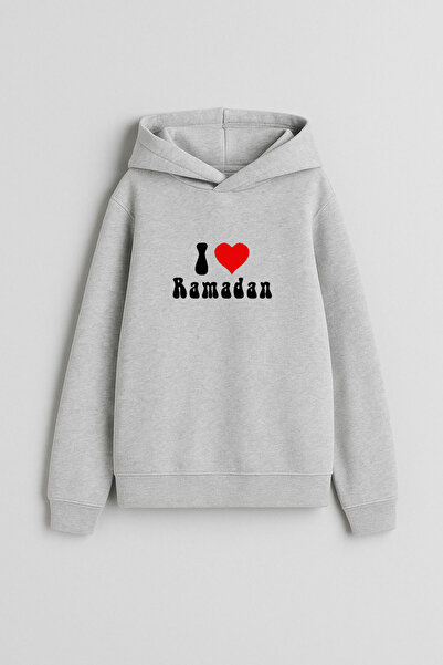 AYDESİGN Auspicious Ramadan Mubarak Ramadan Printed Hooded Gray Sweatshirt