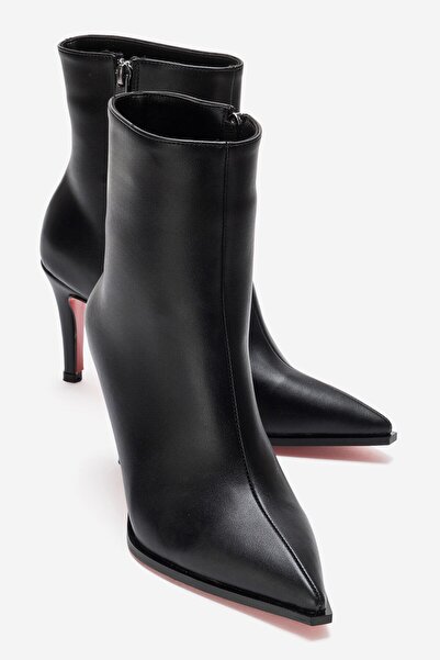 Lizzu Women's Ankle Length Short Thin Heeled Boots Torina Black Leather