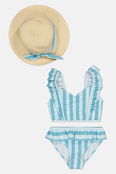 L&J Swim Club Kids Girl 3 Pieces Stripe Bikini Top And Bottom Set With Straw ...
