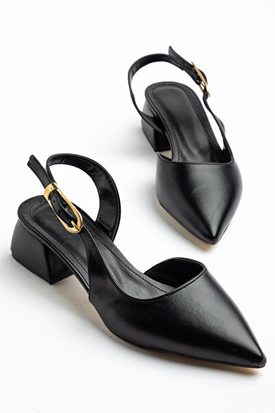 AYENDE MODA Comfort Line Black Leather Pointed Toe Thick Heeled Women's Shoes